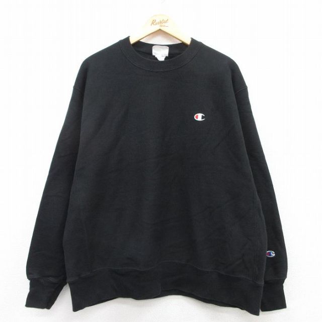 XL★古着 長袖 チャンピオン Champion リバースウィーブ メンズ ビッグロゴ 大きいサイズ クルーネック 黒 ブラック 25apr10 中古 スウェット スエット トレーナー トップス