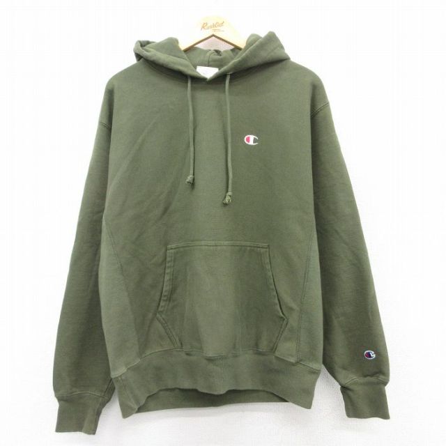 XL★古着 長袖 チャンピオン Champion リバースウィーブ パーカー メンズ ワンポイントロゴ 濃緑 グリーン 25apr10 中古 スウェット スエット トレーナー トップス