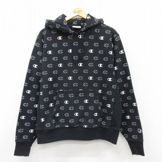L★古着 長袖 チャンピオン Champion リバースウィーブ パーカー メンズ 総柄 黒他 ブラック 25apr10 中古 スウェット スエット トレーナー トップス