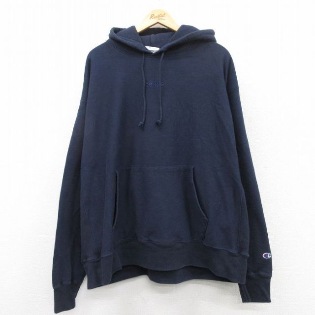 XL★古着 長袖 チャンピオン Champion リバースウィーブ パーカー メンズ Centre 大きいサイズ 紺 ネイビー 25apr10 中古 スウェット スエット トレーナー トップス
