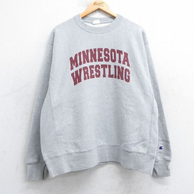 XL★古着 長袖 チャンピオン Champion リバースウィーブ メンズ ミネソタ レスリング クルーネック グレー 霜降り 25apr12 中古 スウェット スエット トレーナー トップス