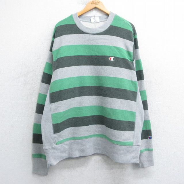 XL★古着 長袖 チャンピオン Champion リバースウィーブ メンズ ワンポイントロゴ 大きいサイズ クルーネック グレー 霜降り他 ボーダー 【spe】 25apr12 中古 スウェット スエット トレーナー トップス