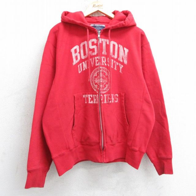 XL★古着 長袖 チャンピオン Champion リバースウィーブ フルジップ パーカー メンズ 00年代 00s ボストン 大学 カレッジ TERRIERS 赤 レッド 25apr12 中古 スウェット スエット トレーナー トップス