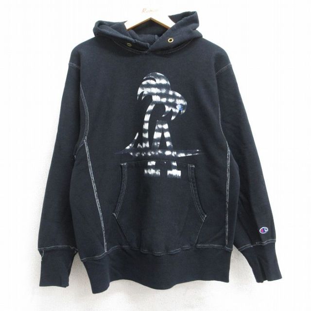 L★古着 長袖 チャンピオン Champion リバースウィーブ パーカー メンズ ワンポイントロゴ ヤシの木 魚 黒 ブラック 25aug19 中古 スウェット スエット トレーナー トップス