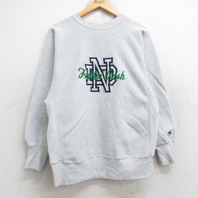 M★古着 長袖 チャンピオン Champion リバースウィーブ メンズ 90年代 90s ノートルダム アイリッシュ 刺繍 クルーネック 薄グレー 霜降り 25aug19 中古 スウェット スエット トレーナー トップス