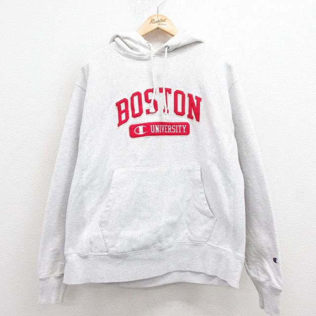 XL★古着 長袖 チャンピオン Champion リバースウィーブ パーカー メンズ ボストン グレー 霜降り 25sep02 中古 スウェット スエット トレーナー トップス