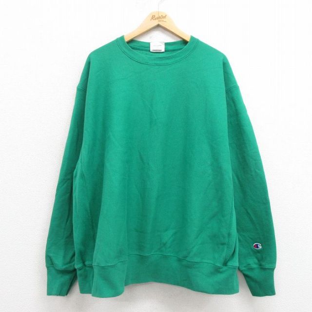 XL★古着 長袖 チャンピオン Champion リバースウィーブ メンズ ワンポイントロゴ 大きいサイズ クルーネック 緑 グリーン 25sep02 中古 スウェット スエット トレーナー トップス