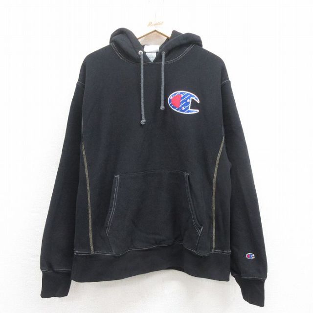 XL★古着 長袖 チャンピオン Champion リバースウィーブ パーカー メンズ ワンポイントロゴ 黒 ブラック 25sep05 中古 スウェット スエット トレーナー トップス