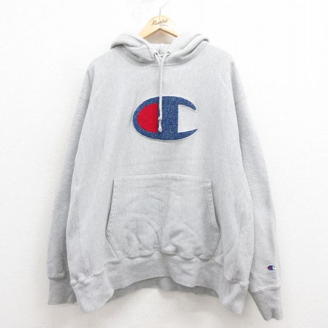 XL★古着 長袖 チャンピオン Champion リバースウィーブ パーカー メンズ ビッグロゴ 大きいサイズ グレー 霜降り 25sep05 中古 スウェット スエット トレーナー トップス