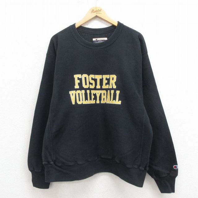 XL★古着 長袖 チャンピオン Champion リバースウィーブ メンズ 00年代 00s バレーボール クルーネック 黒 ブラック 【spe】 25sep20 中古 スウェット スエット トレーナー トップス