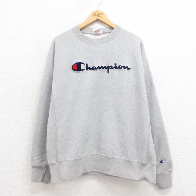 XL★古着 長袖 チャンピオン Champion リバースウィーブ メンズ ビッグロゴ クルーネック グレー 霜降り 25sep20 中古 スウェット スエット トレーナー トップス