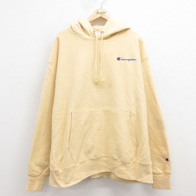 XL★古着 長袖 チャンピオン Champion リバースウィーブ パーカー メンズ ワンポイントロゴ 大きいサイズ 黄色 イエロー 25sep20 中古 スウェット スエット トレーナー トップス