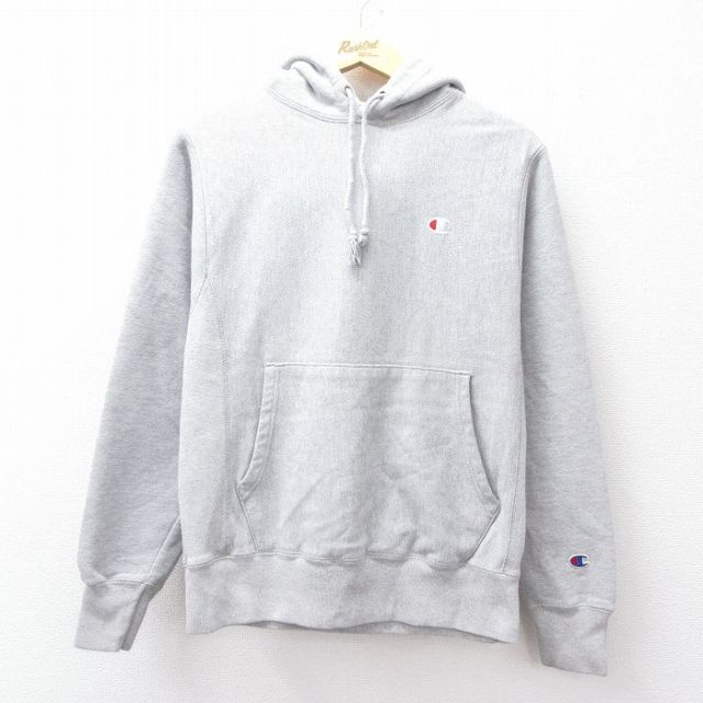S★古着 長袖 チャンピオン Champion リバースウィーブ パーカー メンズ ワンポイントロゴ グレー 霜降り 25sep22 中古 スウェット スエット トレーナー トップス