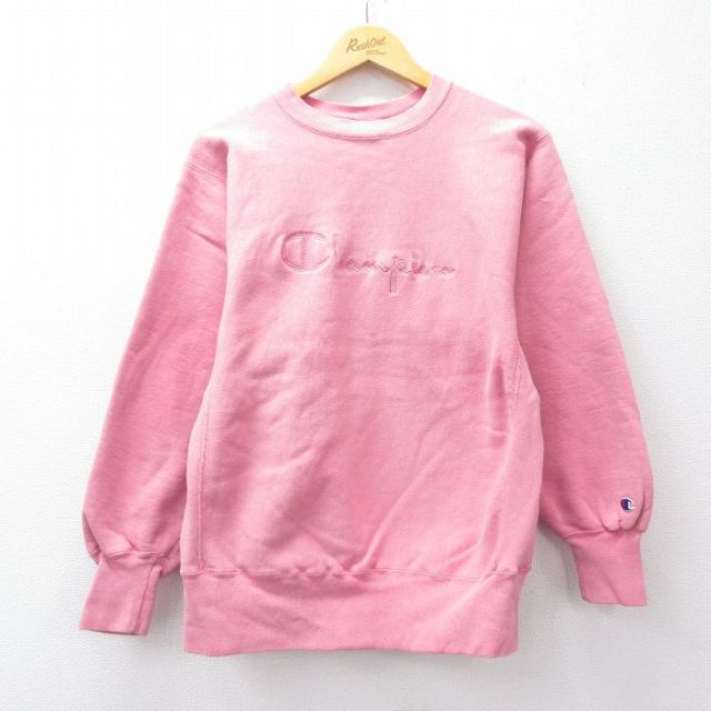 M★古着 長袖 チャンピオン Champion リバースウィーブ メンズ 90年代 90s ビッグロゴ クルーネック USA製 ピンク 25sep22 中古 スウェット スエット トレーナー トップス