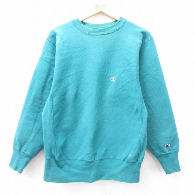 L★古着 長袖 チャンピオン Champion リバースウィーブ メンズ 90年代 90s ワンポイントロゴ クルーネック USA製 青緑系 25sep22 中古 スウェット スエット トレーナー トップス