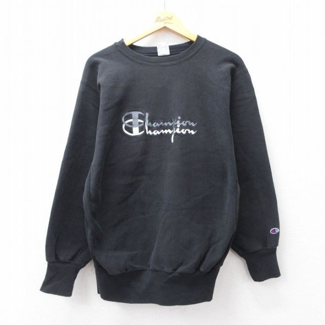 L★古着 長袖 チャンピオン Champion リバースウィーブ メンズ 90年代 90s ビッグロゴ クルーネック USA製 黒 ブラック 【spe】 25sep22 中古 スウェット スエット トレーナー トップス