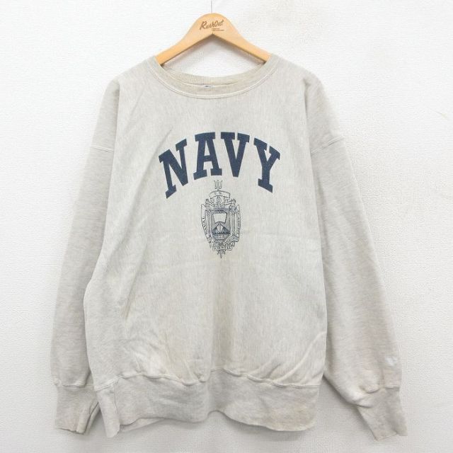 XL★古着 長袖 チャンピオン Champion リバースウィーブ メンズ ミリタリー USネイビー 大きいサイズ クルーネック 薄グレー 霜降り 【spe】 25oct03 中古 スウェット スエット トレーナー トップス