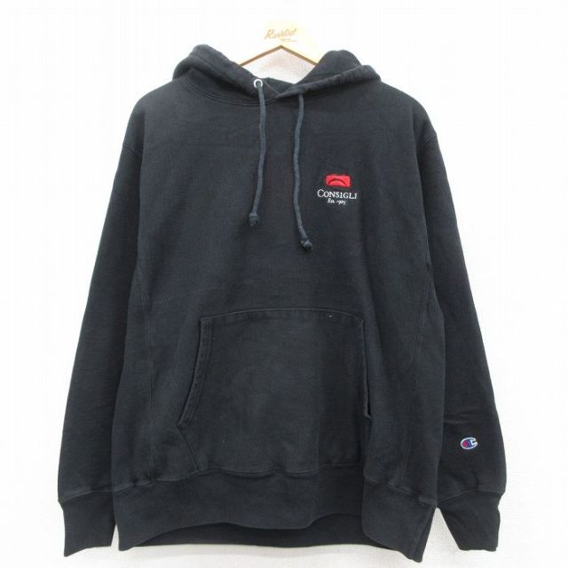 L★古着 長袖 チャンピオン Champion リバースウィーブ パーカー メンズ CONSIGLI 黒 ブラック 25oct03 中古 スウェット スエット トレーナー トップス