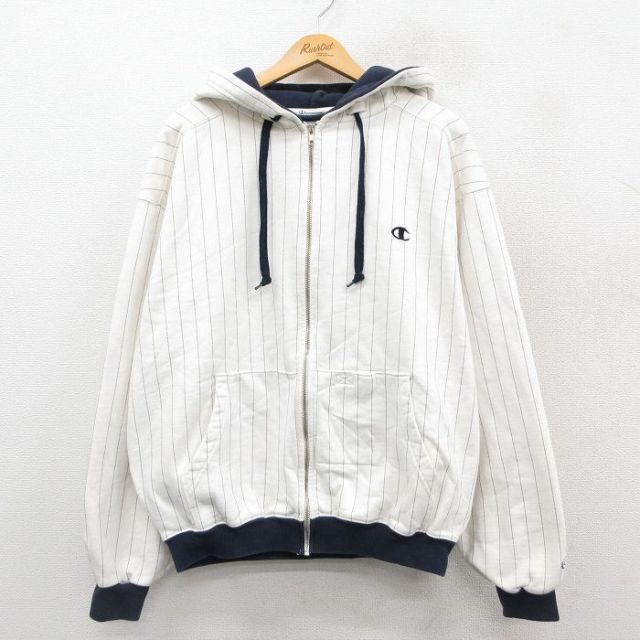XL★古着 長袖 チャンピオン Champion リバースウィーブ フルジップ パーカー メンズ 00年代 00s ワンポイントロゴ 大きいサイズ 白他 ストライプ 25nov18