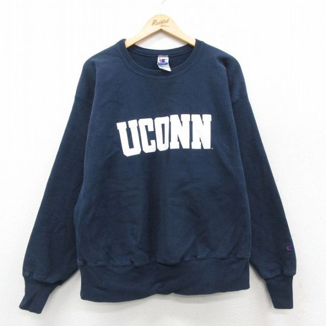 XL★古着 長袖 チャンピオン Champion リバースウィーブ メンズ 90年代 90s UCONN 大きいサイズ クルーネック 紺 25nov18