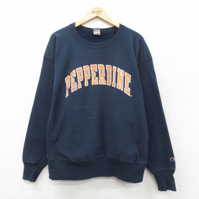 XL★古着 長袖 チャンピオン Champion リバースウィーブ メンズ 90年代 90s PEPPERDINE 大きいサイズ クルーネック 紺 25nov18