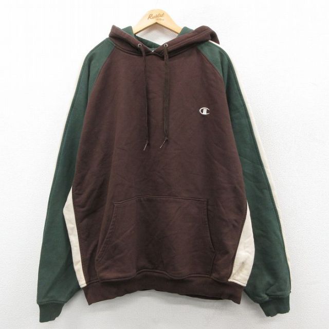 XL★古着 長袖 チャンピオン Champion リバースウィーブ パーカー メンズ 00年代 00s ワンポイントロゴ ラグラン マルチカラー 大きいサイズ 茶他 25nov18