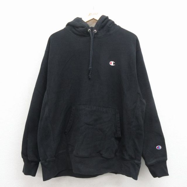 XL★古着 長袖 チャンピオン Champion リバースウィーブ パーカー メンズ ワンポイントロゴ 黒 25nov26