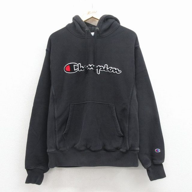 L★古着 長袖 チャンピオン Champion リバースウィーブ パーカー メンズ ビッグロゴ 黒 25nov26