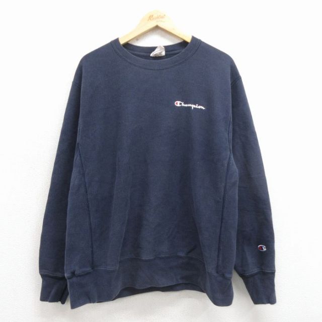L★古着 長袖 チャンピオン Champion リバースウィーブ メンズ ワンポイントロゴ クルーネック 紺 25nov26