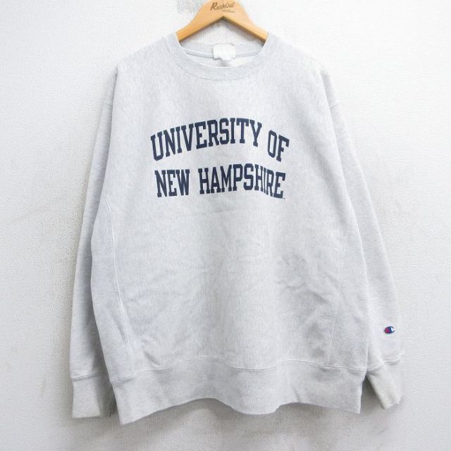 XL★古着 長袖 チャンピオン Champion リバースウィーブ メンズ ニューハンプシャー 大学 肉球 大きいサイズ クルーネック 薄グレー 霜降り 25dec10