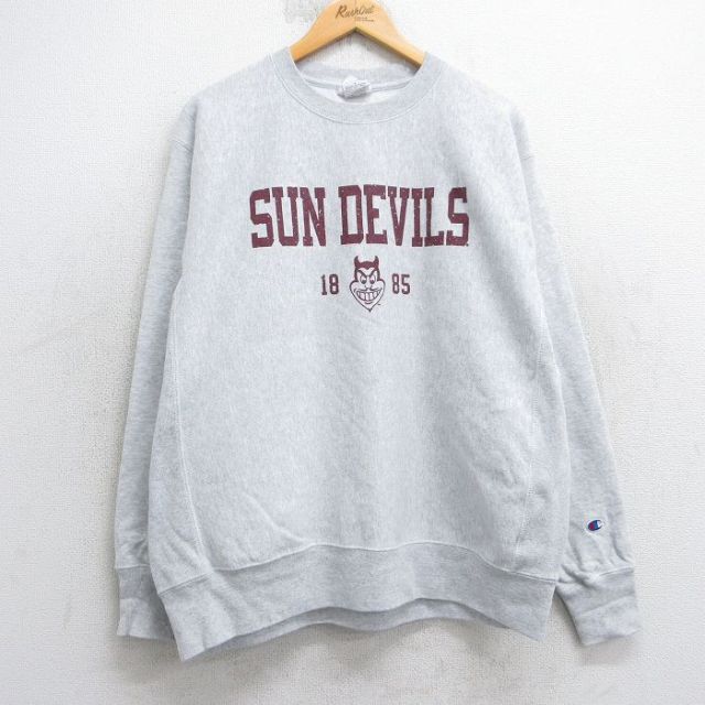 XL★古着 長袖 チャンピオン Champion リバースウィーブ メンズ アリゾナステートサンデビルズ クルーネック 薄グレー 霜降り 25dec10