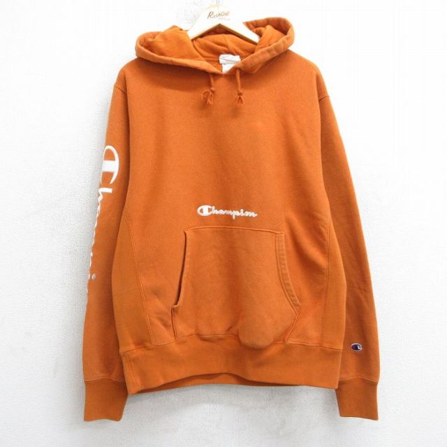 XL★古着 長袖 チャンピオン Champion リバースウィーブ パーカー メンズ ビッグロゴ オレンジ系 25dec10