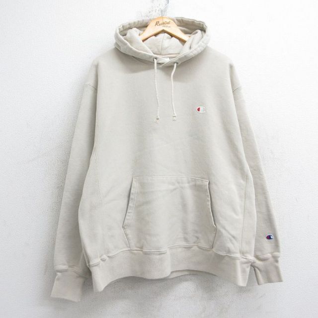 XL★古着 長袖 チャンピオン Champion リバースウィーブ パーカー メンズ ワンポイントロゴ 薄ベージュ 25dec10