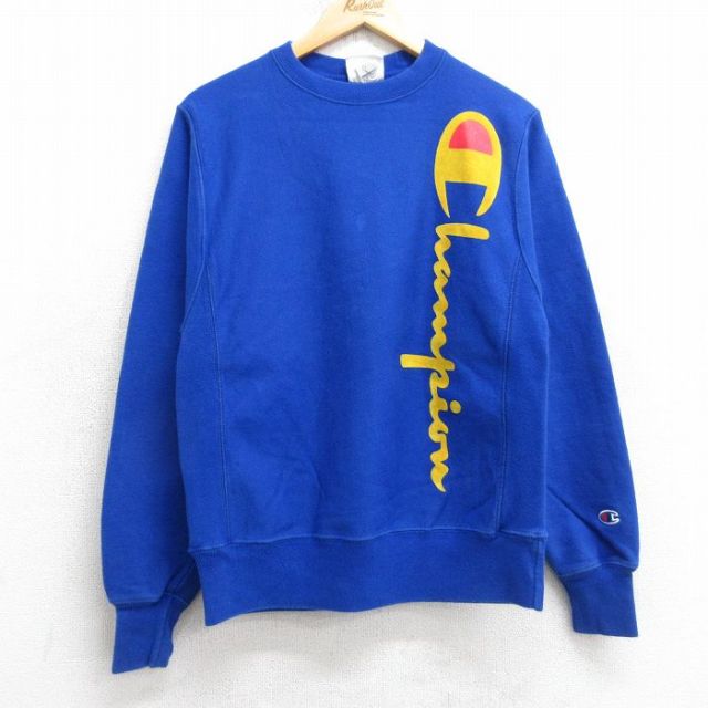 【50%OFF】チャンピオン リバースウィーブ長袖スウェット ビッグロゴフロッキープリント ブルー S | 古着