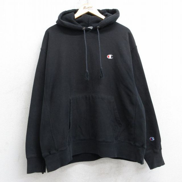 XL★古着 長袖 チャンピオン Champion リバースウィーブ パーカー メンズ ワンポイントロゴ 大きいサイズ 黒 25dec10