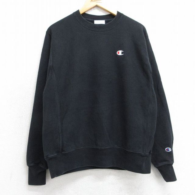 M★古着 長袖 チャンピオン Champion リバースウィーブ メンズ ワンポイントロゴ クルーネック 黒 25dec10