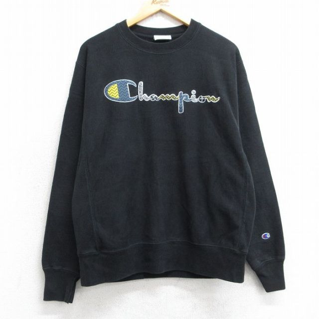 M★古着 長袖 チャンピオン Champion リバースウィーブ メンズ ビッグロゴ 刺繍 クルーネック 黒【spe】 25dec10
