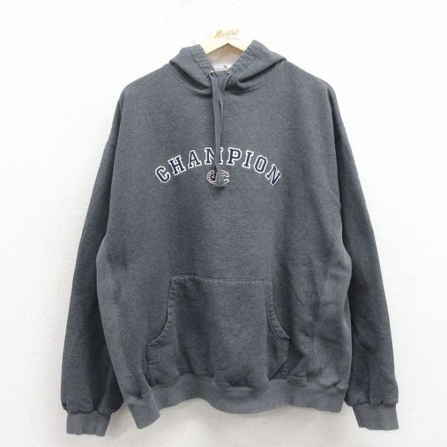 チャンピオン 00s 長袖パーカー ビッグロゴ刺繍 グレー XL | 古着