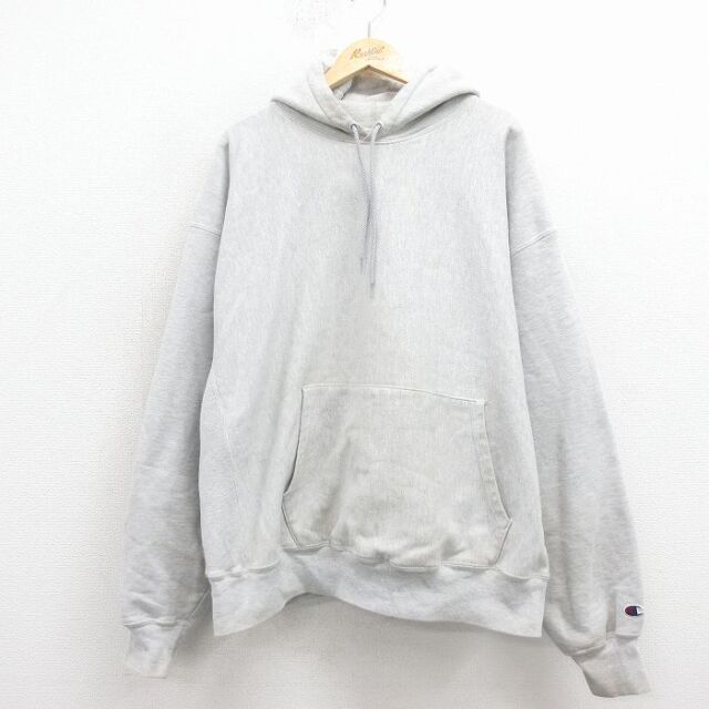 XL★古着 長袖 チャンピオン Champion リバースウィーブ パーカー メンズ 00年代 00s ワンポイントロゴ 大きいサイズ グレー 霜降り 26mar03
