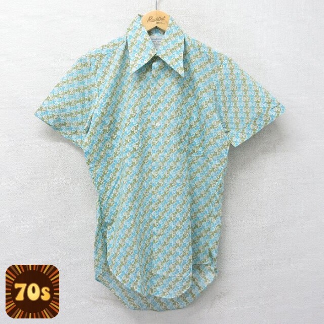 【50%OFF】70s 半袖シャツ 総柄 ネイビー M | 古着
