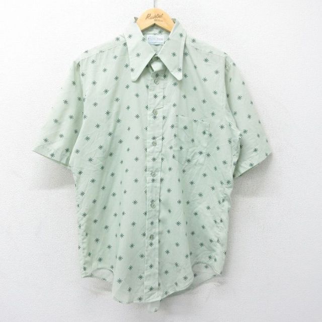 古着通販 L☆古着 半袖 シャツ メンズ 70年代 70s 総柄 USA製 緑系