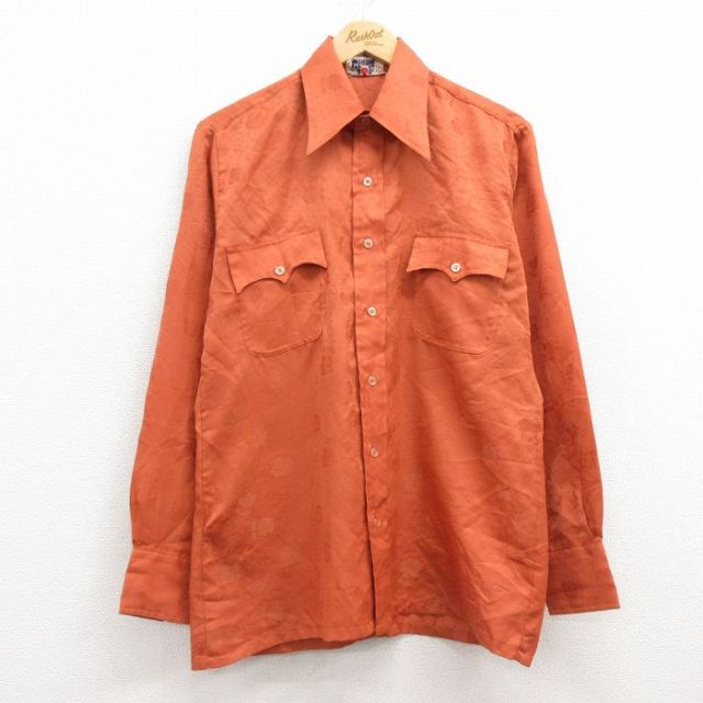 M★古着 長袖 シャツ メンズ 70年代 70s 花柄 コットン オレンジ系 25feb21 中古 トップス