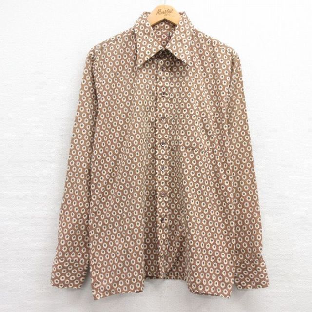 L★古着 アロー 長袖 シャツ メンズ 70年代 70s 総柄 茶他 ブラウン 25feb27 中古 トップス
