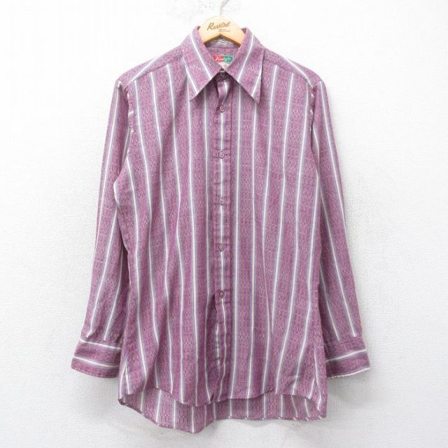 【50%OFF】M★古着 長袖 シャツ メンズ 70年代 70s 紫他 パープル ストライプ 25feb27 中古 トップス