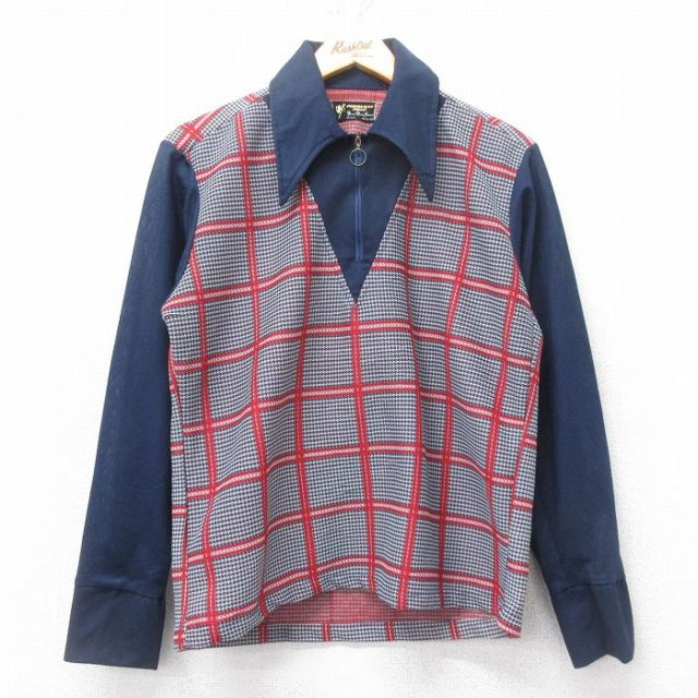 M★古着 長袖 ハーフジップ シャツ メンズ 70年代 70s 紺他 ネイビー チェック 【spe】 25feb27 中古 トップス