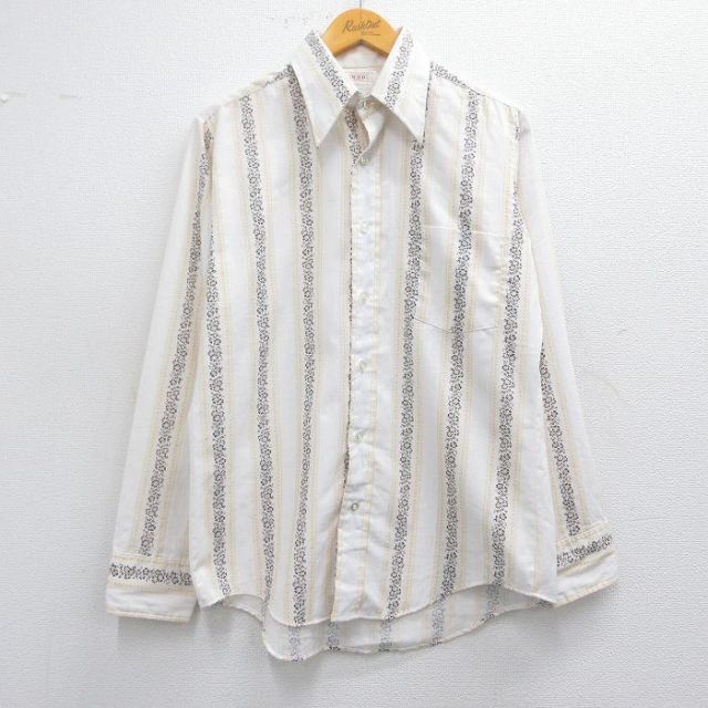M★古着 B.V.D. 長袖 シャツ メンズ 70年代 70s 花柄 白他 ホワイト ストライプ 25mar25 中古 トップス