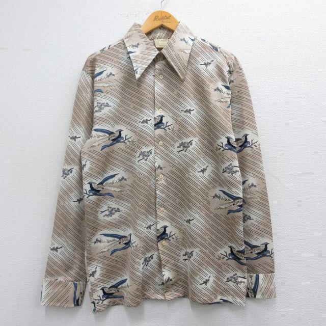 M★古着 シアーズ 長袖 シャツ メンズ 70年代 70s 鳥 ベージュ他 カーキ 【spe】 25mar25 中古 トップス