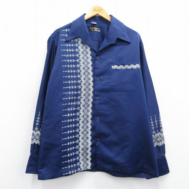XL★古着 長袖 シャツ メンズ 70年代 70s 刺繍 開襟 オープンカラー 紺 ネイビー 25mar25 中古 トップス
