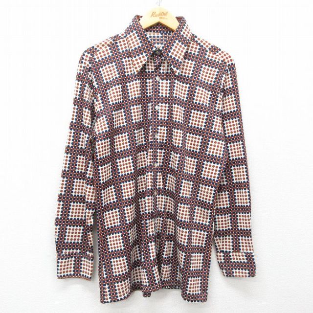 XL★古着 長袖 シャツ メンズ 70年代 茶他 ブラウン ドット 25mar28 中古 トップス