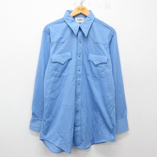 XL★古着 リー Lee 長袖 シャツ メンズ 70年代 ロング丈 USA製 薄紺 ネイビー 25mar28 中古 トップス